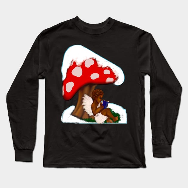 Snow covered mushroom Little angel boy cherub reading a book - tranquil winter scenery Long Sleeve T-Shirt by Artonmytee